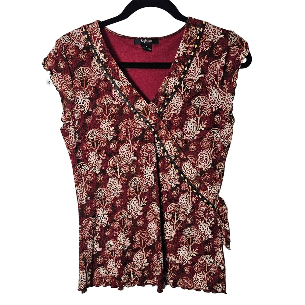 VTG‎ Floral Mushroom Print Faux Wrap Top Beaded Maroon Y2K Fairygrunge Medium
